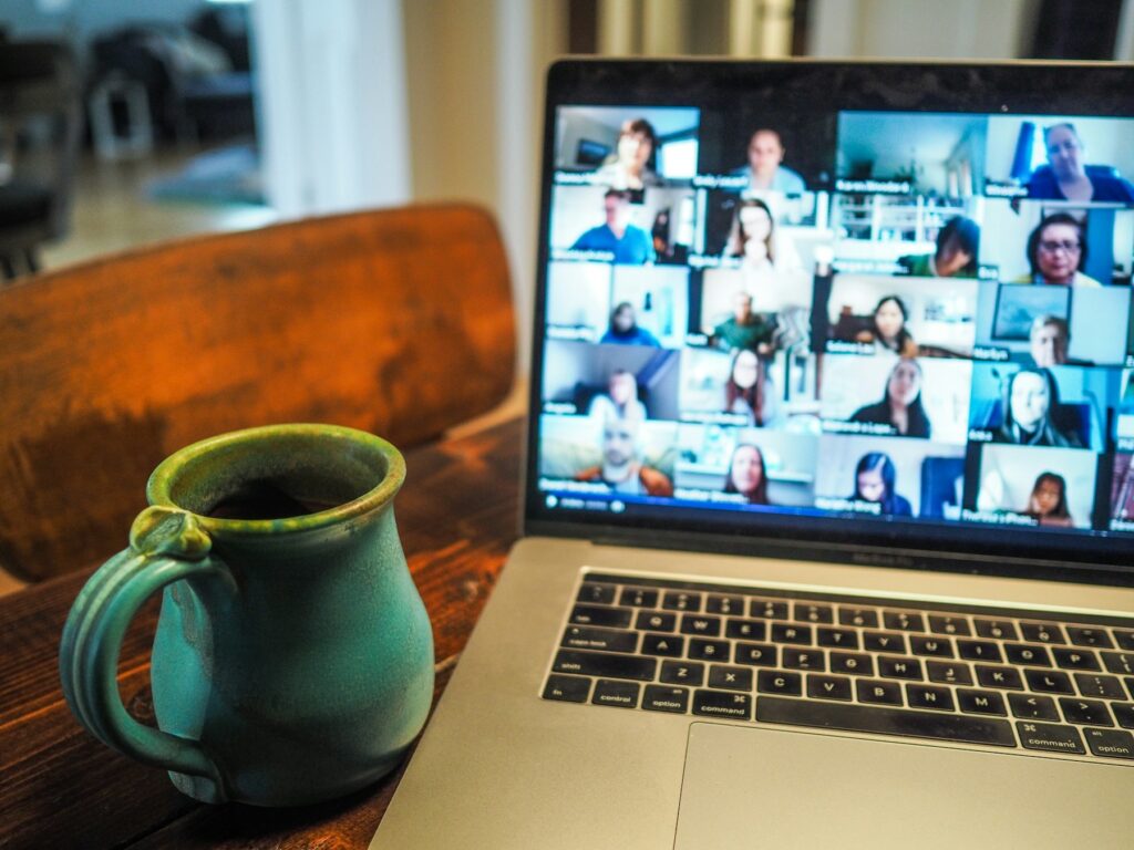 Team video call on a laptop